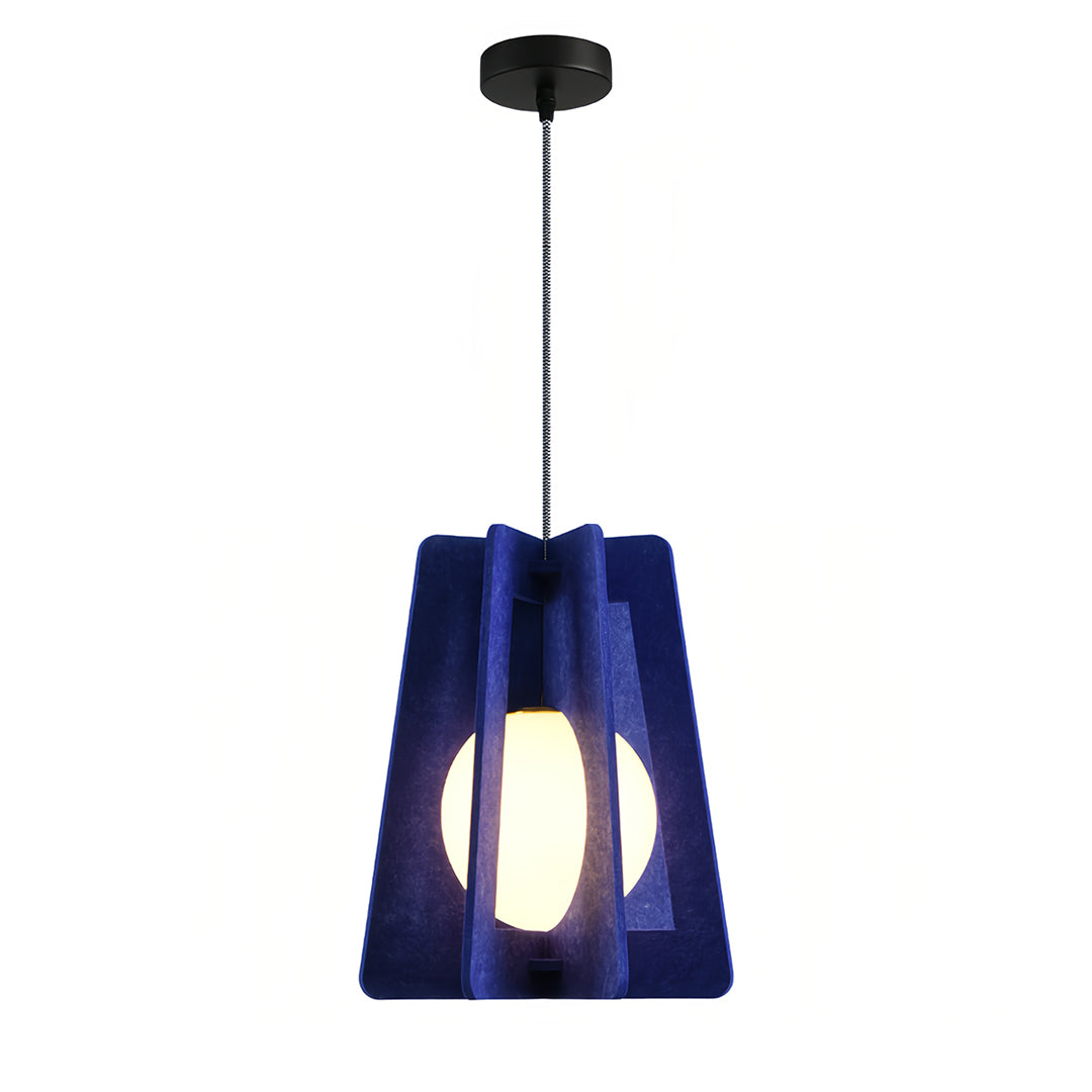 Decorative navy blue felt fun pendant lights emitting a cool, energetic light for focused or dynamic spaces. 