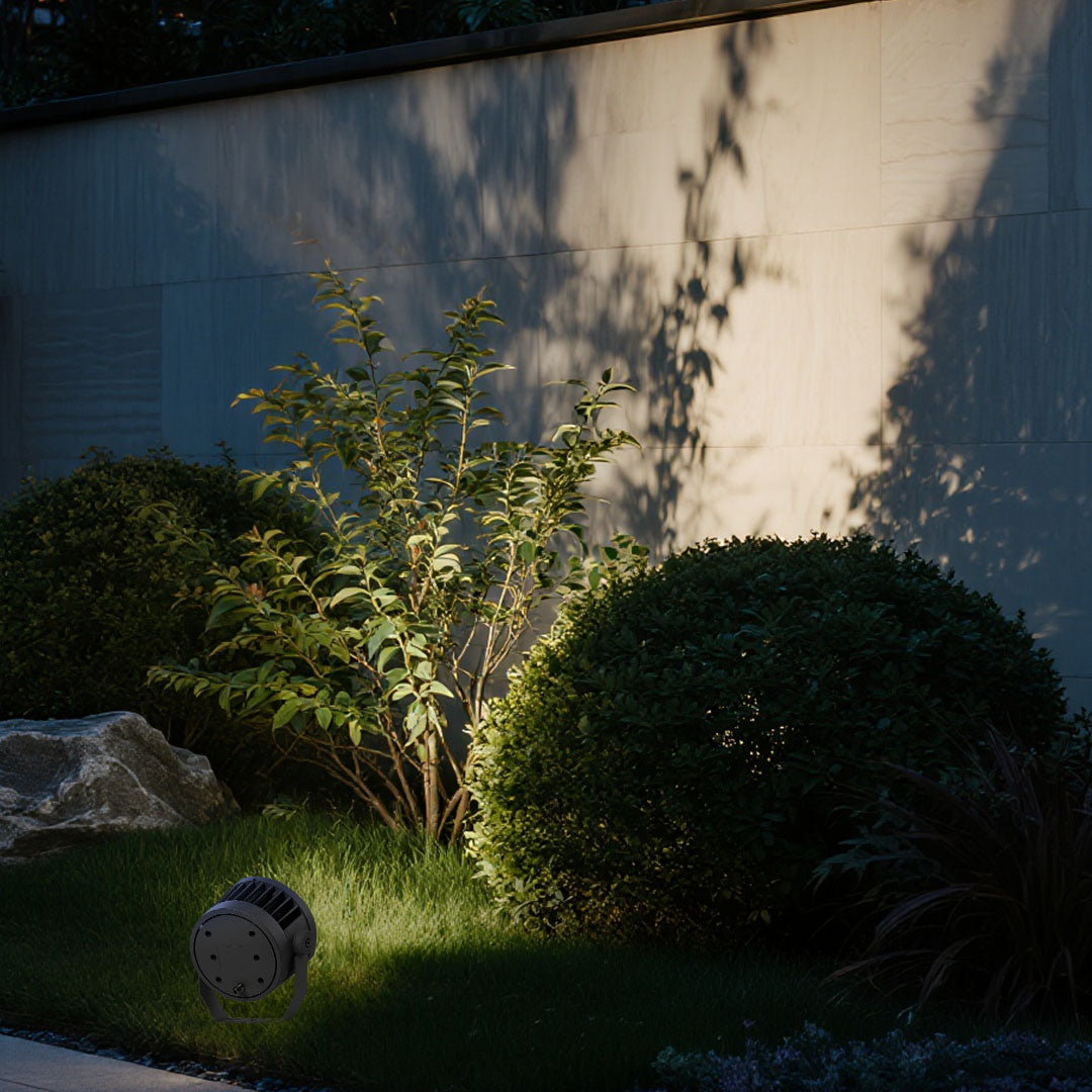 Decorative outdoor lighting LED spotlights providing accent illumination for landscaped garden area