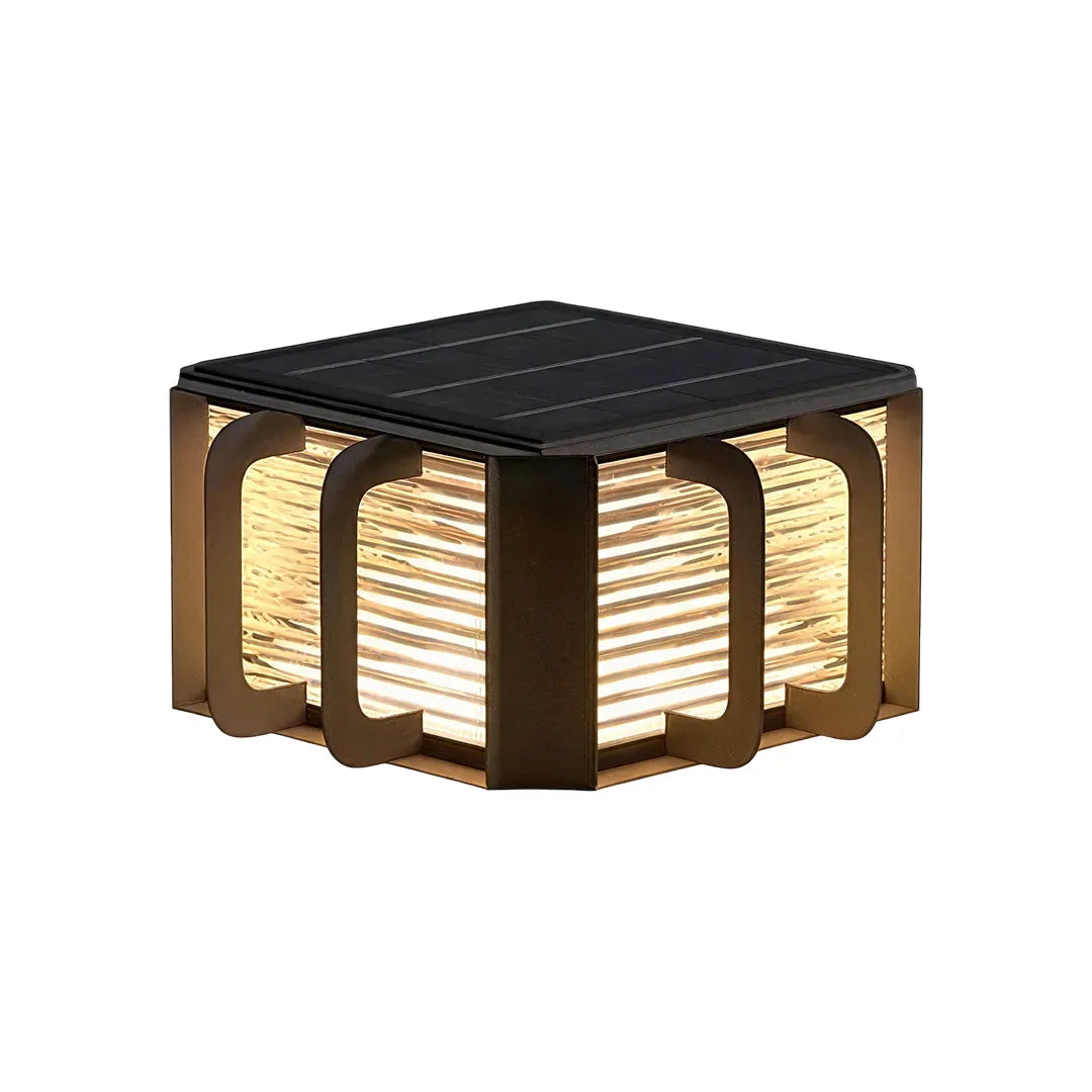 Outdoor solar pillar lights featuring a contemporary square frame with warm LED illumination.