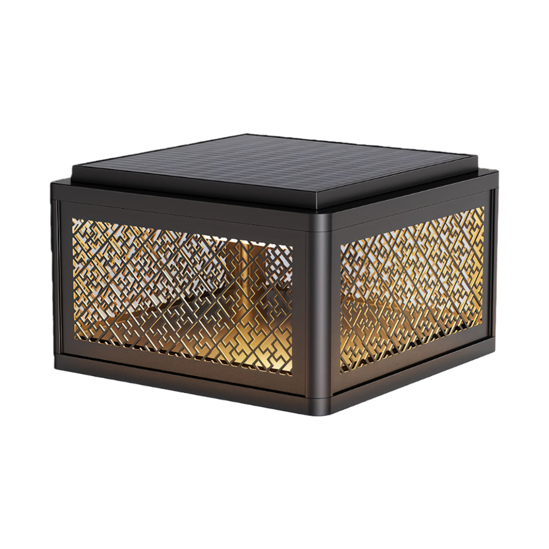 Decorative pillar light featuring a black design with detailed lattice patterns and warm light.