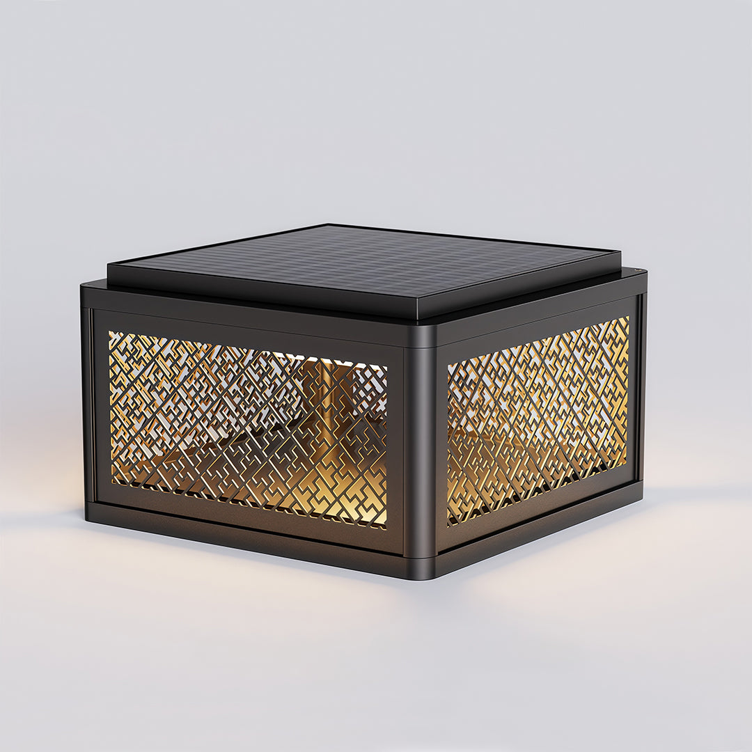 Decorative pillar light installed near a traditional-style gate, providing warm and inviting illumination.