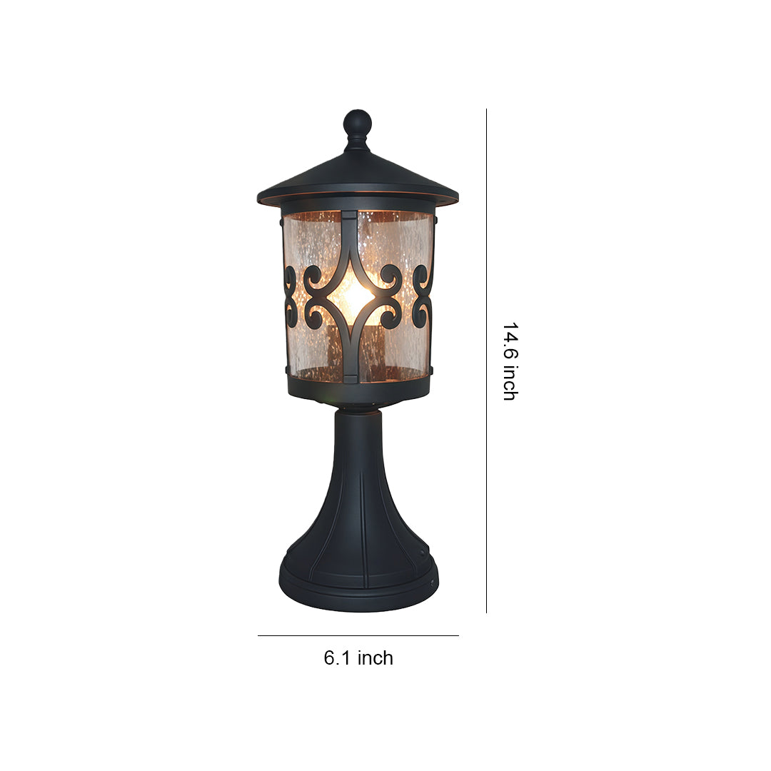Decorative porch pillar light with ornate cutout pattern and bronze finish, displayed with size measurement reference