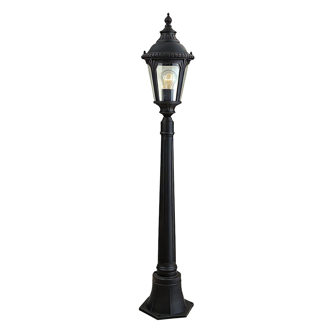Decorative post light with technical view of the base and installation.