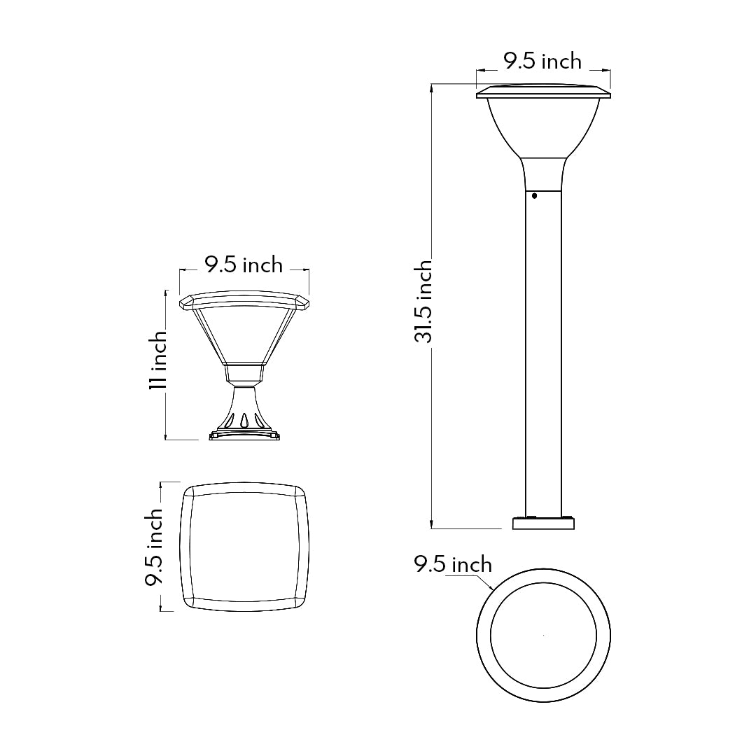 Technical blueprint with measurements and design details for decorative outdoor post light