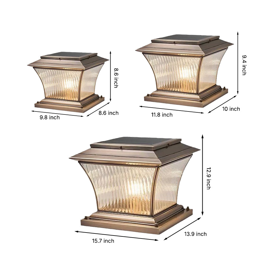 Technical specification diagram showing three different sizes of decorative post lights with dimensions