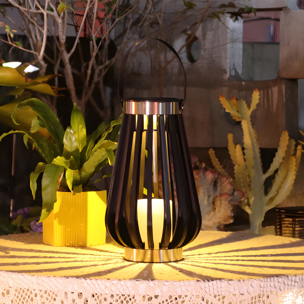 Decorative solar garden lantern creating cozy atmosphere on wooden deck with plants