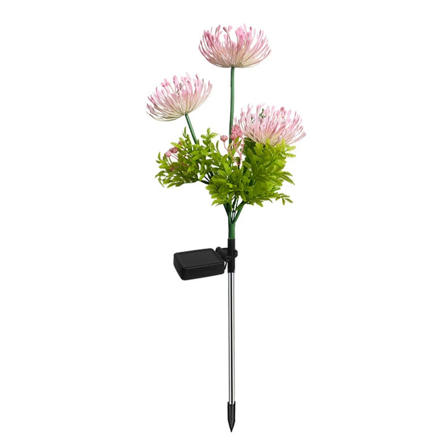 Single decorative solar flower light with pink petals on black mounting stake for garden use