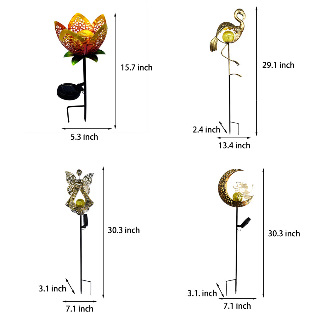 Solar garden stake lights dimension diagram showing lotus, flamingo, angel, and crescent moon styles.
