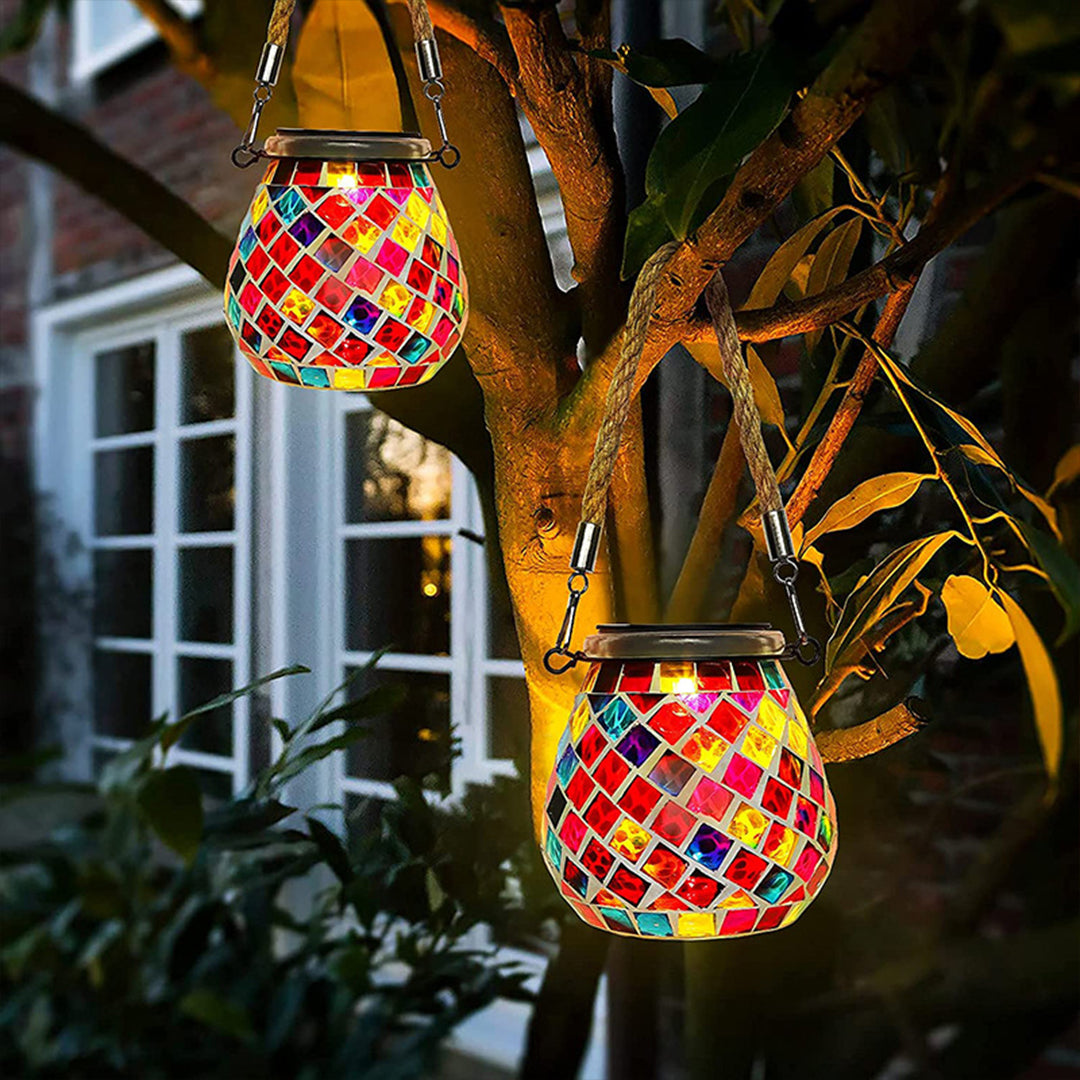 Decorative solar lights creating colorful ambient lighting with bokeh effect background
