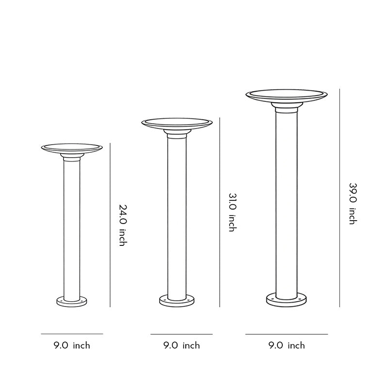 Decorative solar path lights dimension drawing illustrating height options and proportions for outdoor pathway layouts.