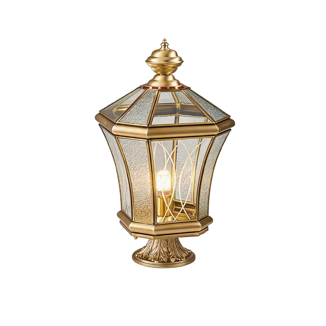 Decorative solar pillar lantern with antique gold frame and textured glass