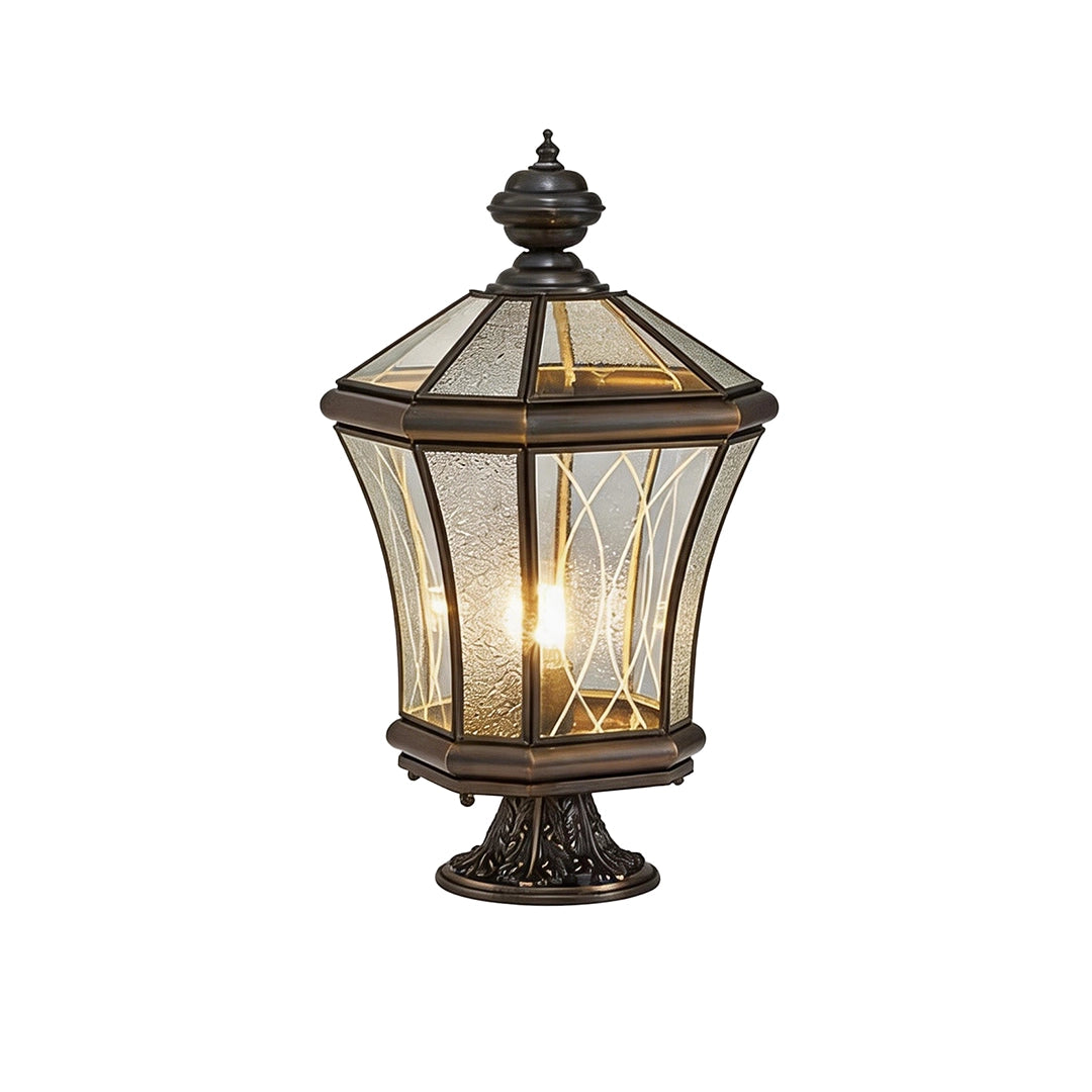 Decorative solar pillar lantern with bronze finish and textured glass panels