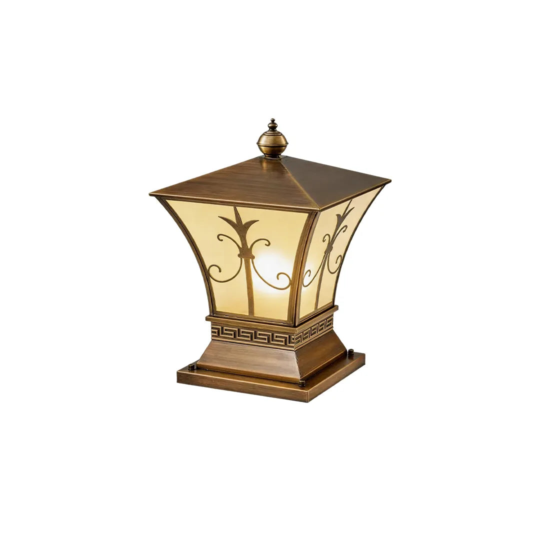 Decorative solar pillar lantern with bronze frame frosted glass and ornate design