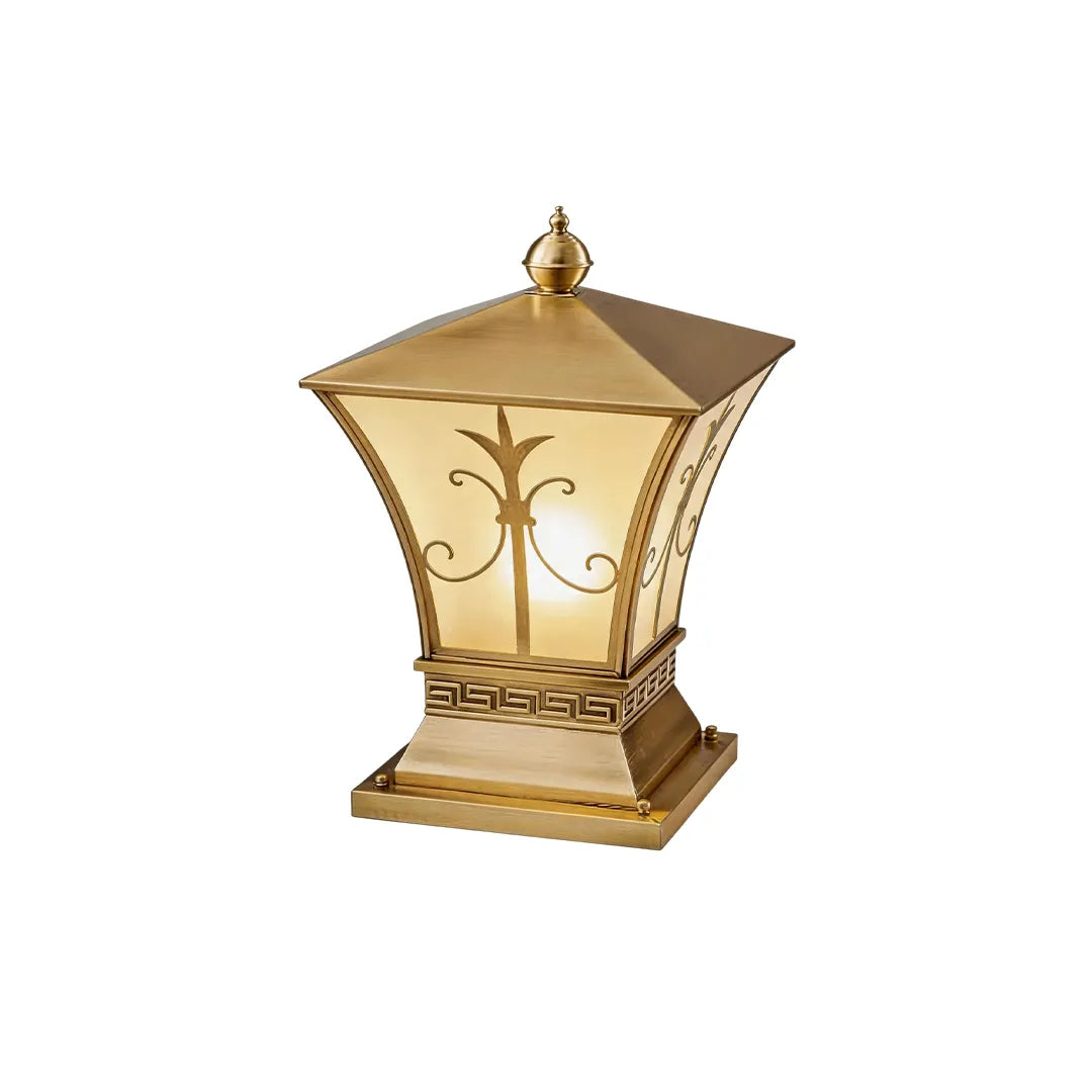 Decorative solar pillar lantern with gold finish frosted glass and palm leaf pattern