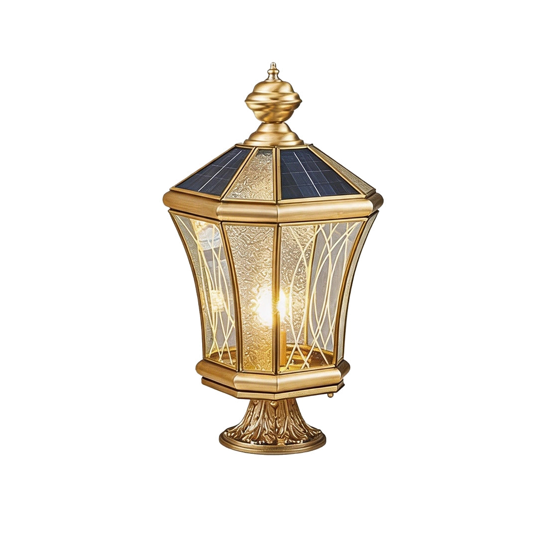 Decorative solar pillar lantern with gold finish and textured glass panels