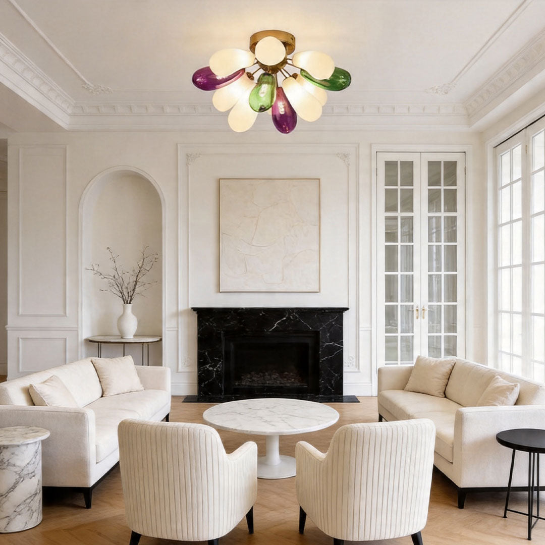 Decorative stained glass flush mount light in a classic living room with elegant wall panels and fireplace.
