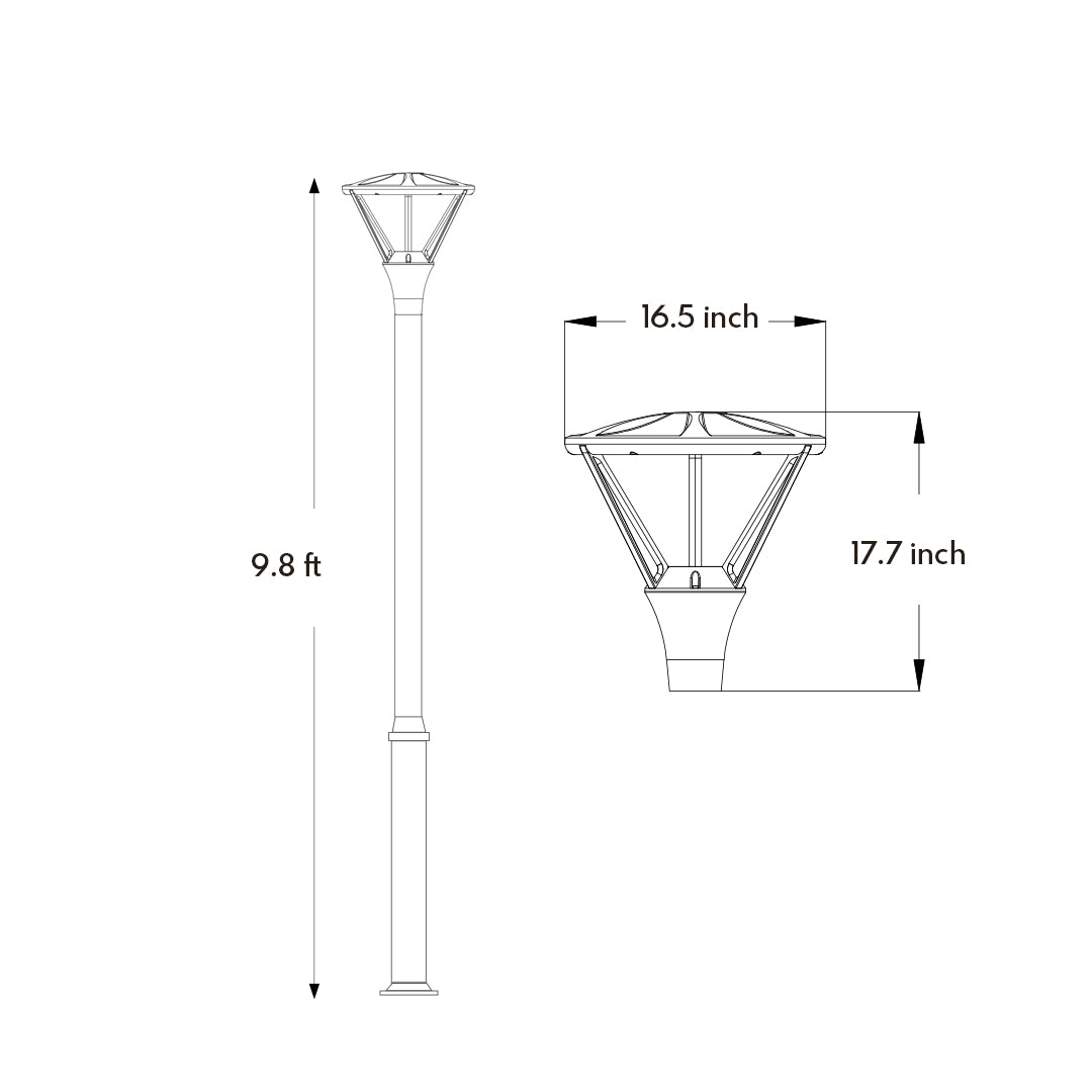 Technical drawing with dimensional specifications and installation details for decorative street light fixture