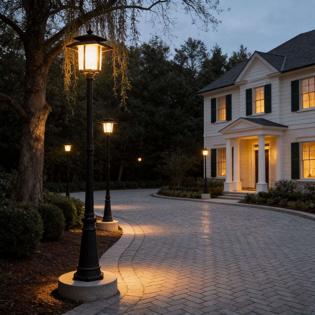 Decorative street light with a vintage design, providing warm illumination near a garden.
