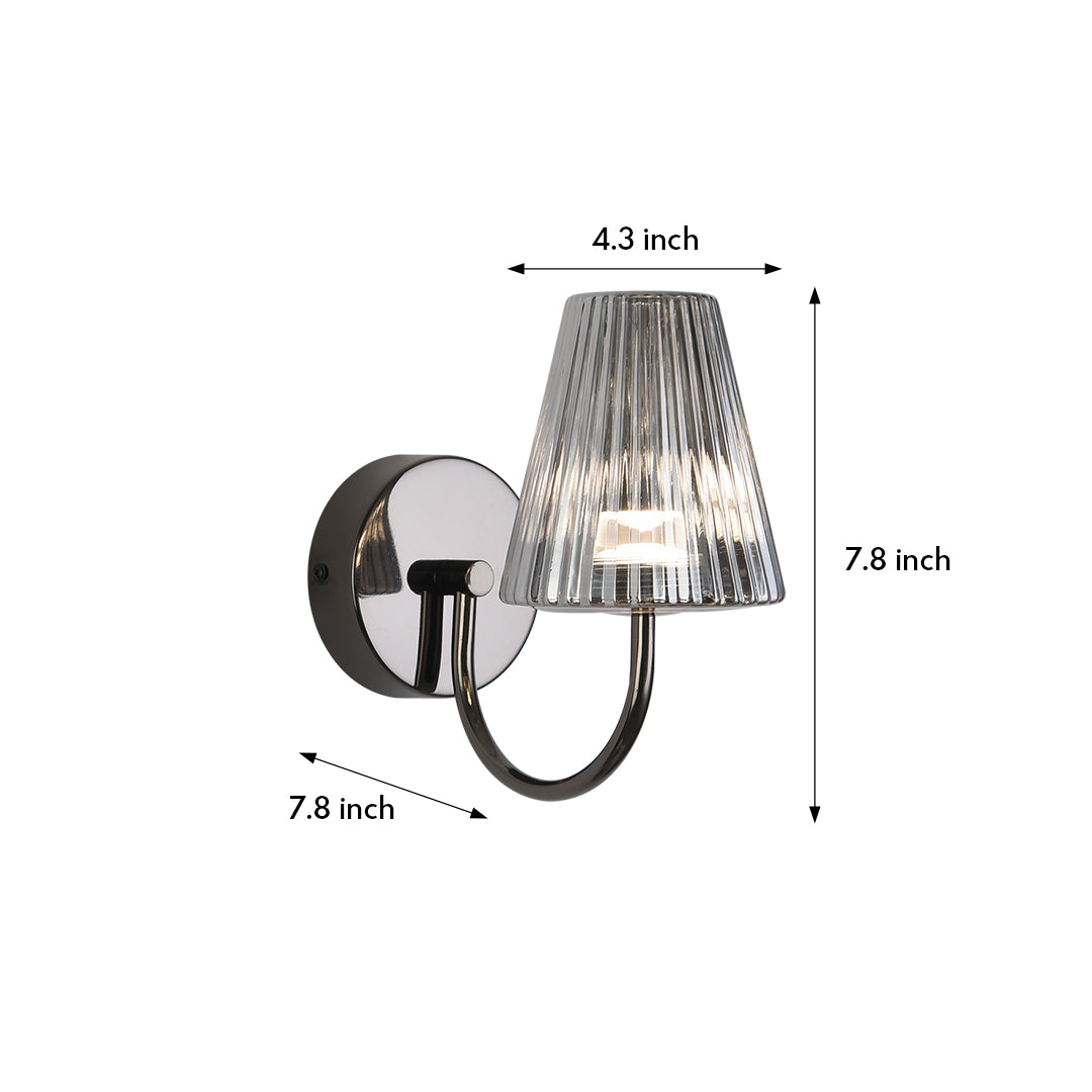 Technical drawing showing dimensions and specifications for decorative wall sconce with pleated shade