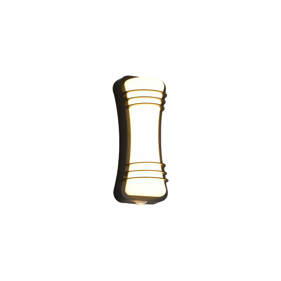 Decorative wall up and down light with exposed frame accents and warm ambient illumination.