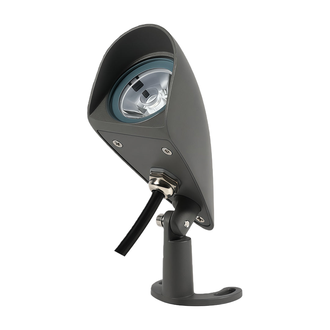 Angled view of decorative outdoor wall wash light with sleek black finish.