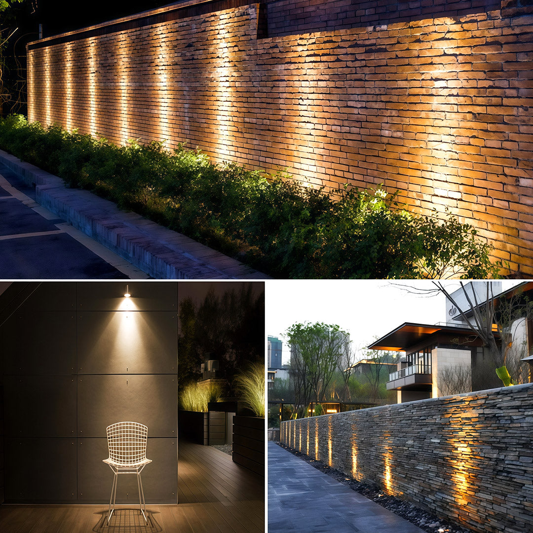 Series of decorative wall wash lights illuminating a long brick wall.