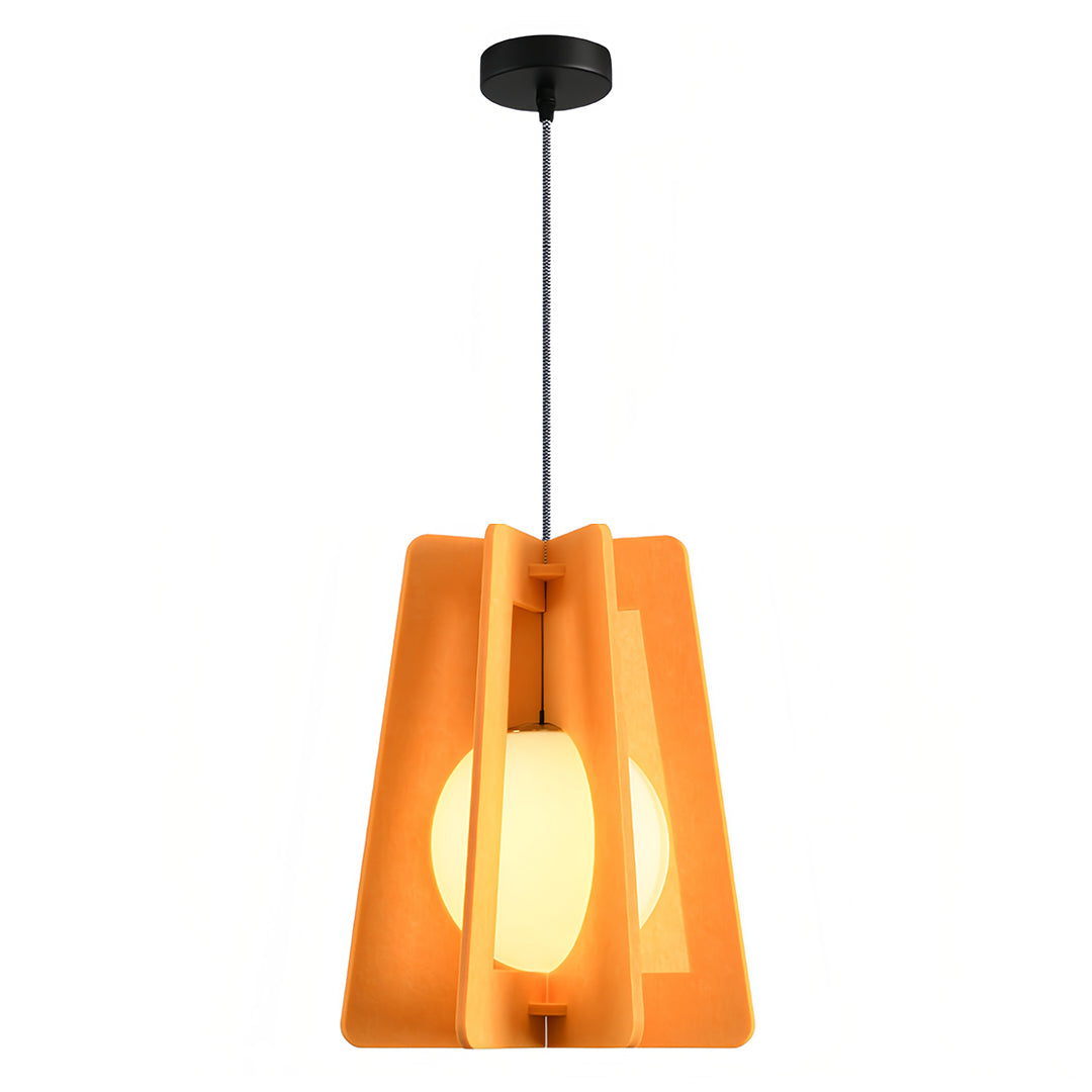 Deep amber orange felt fun pendant lights providing a rich, warm glow, emphasizing the unique textile shade. 