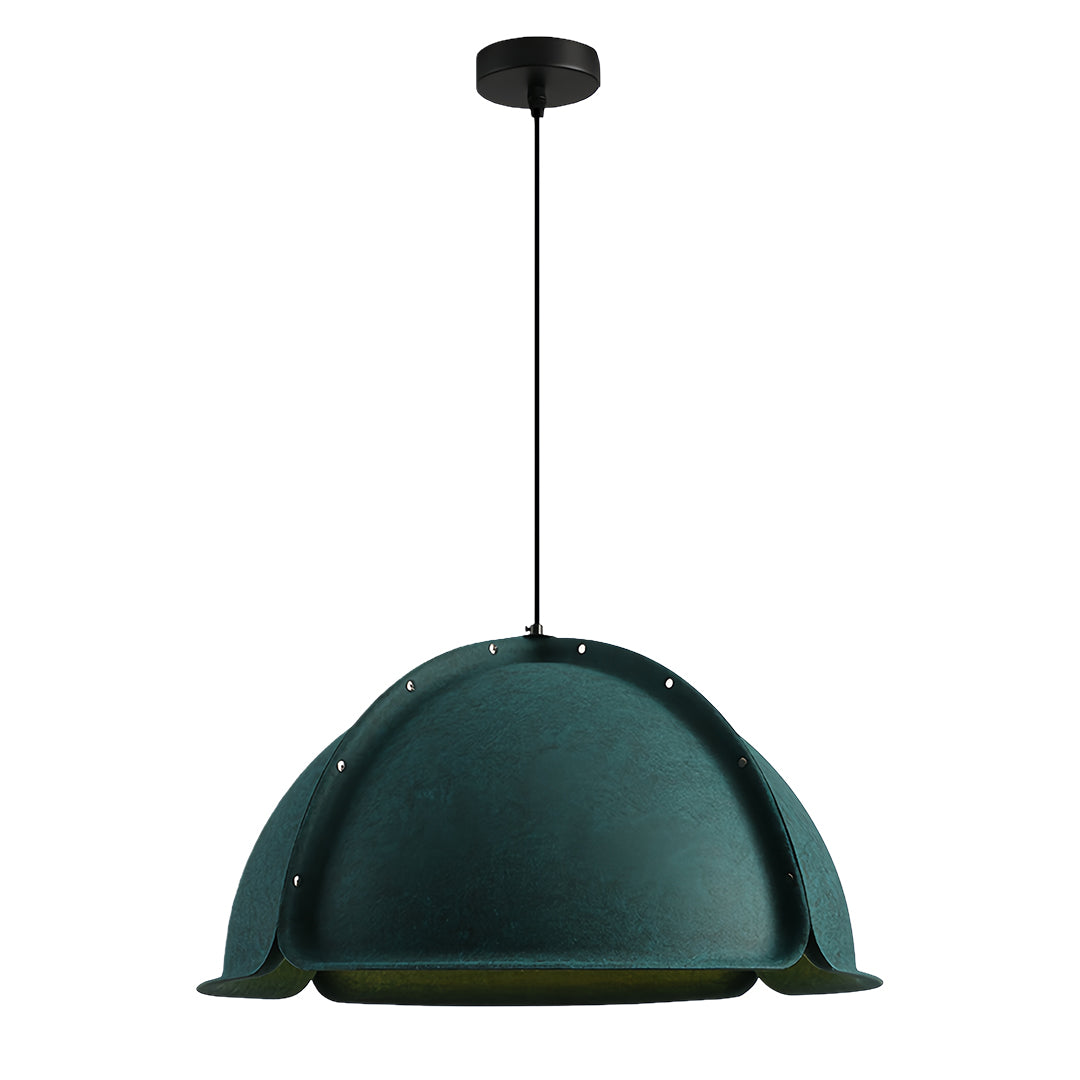 Isolated view of a deep forest green colored pendant light, featuring a scalloped edge and studded felt shade.