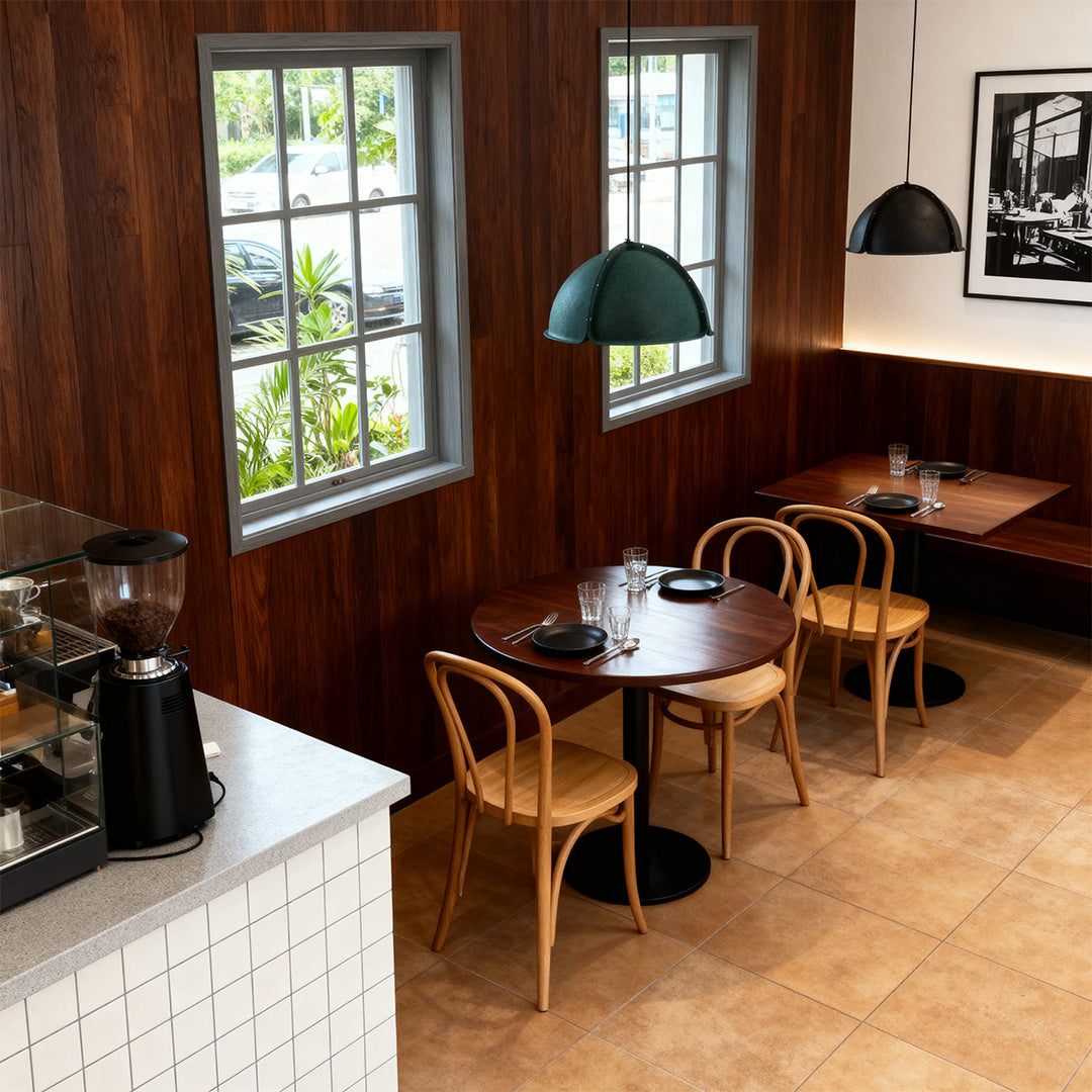 Single deep green colored pendant light illuminating a cozy corner booth in a dark, wood-accented restaurant or cafe.