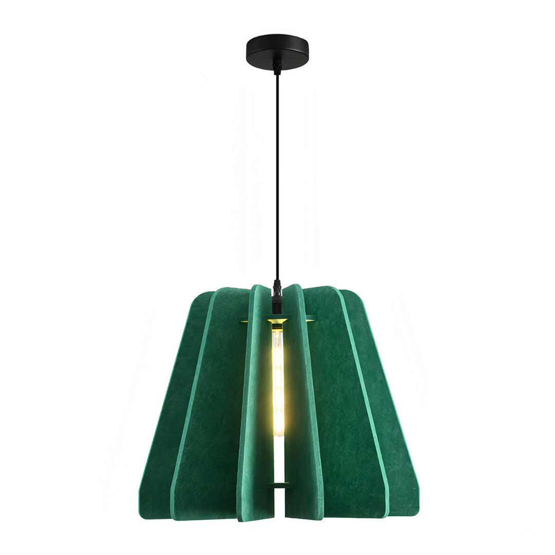 Isolated studio shot of a deep green felt 1 light single pendant with a modern acoustic shade design.