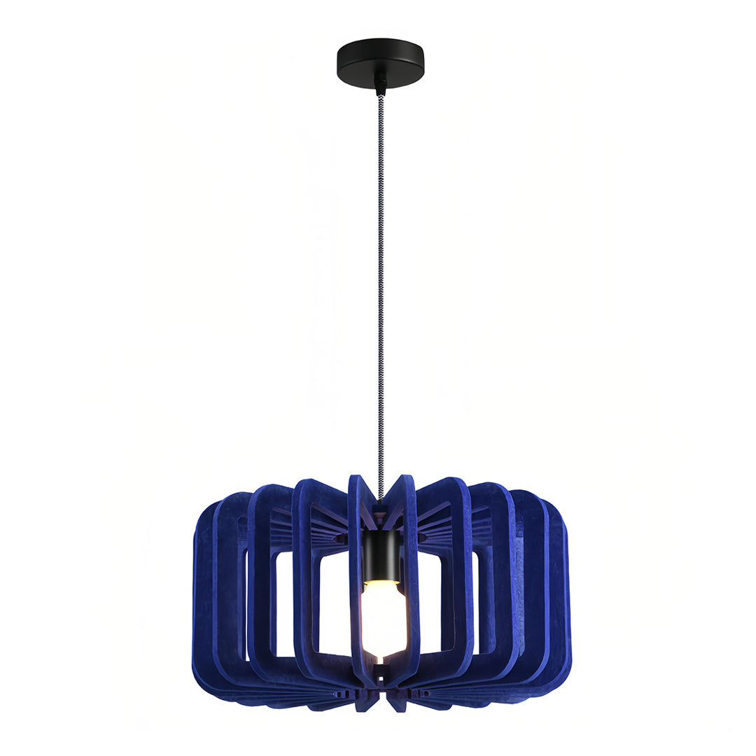 Deep navy blue felt fabric Nordic pendant lights isolated on white studio background.