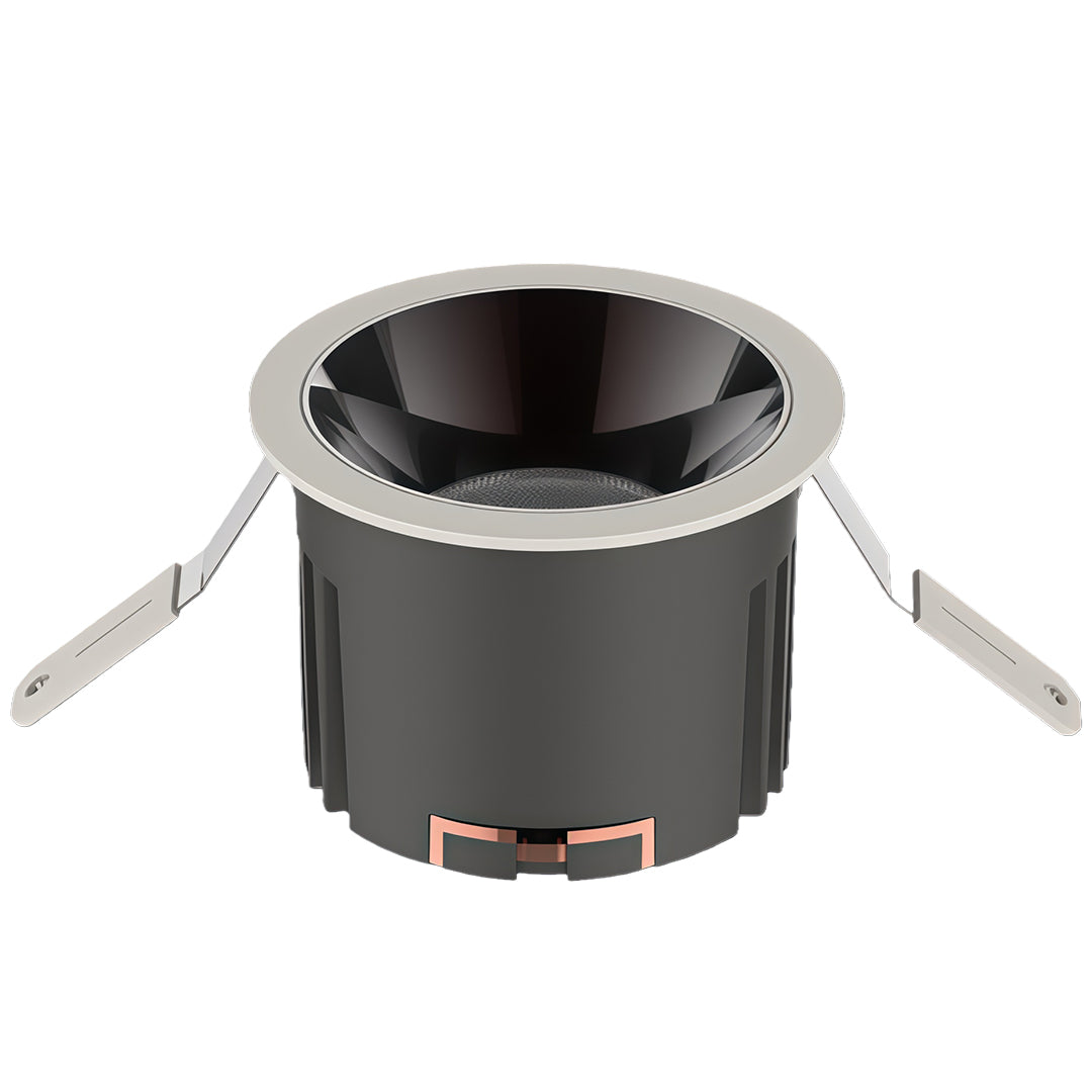 Deep recess LED spotlight with black baffle trim and cylindrical housing for focused beam control