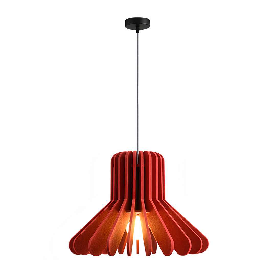 Deep red felt fabric tiny pendant light with exposed bulb and black ceiling canopy 