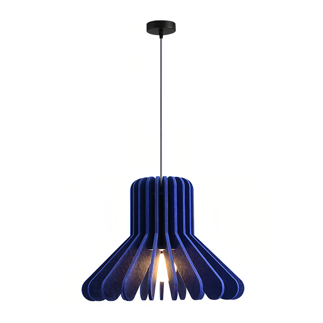 Deep royal blue felt material tiny pendant light with striking black cross-stitching 