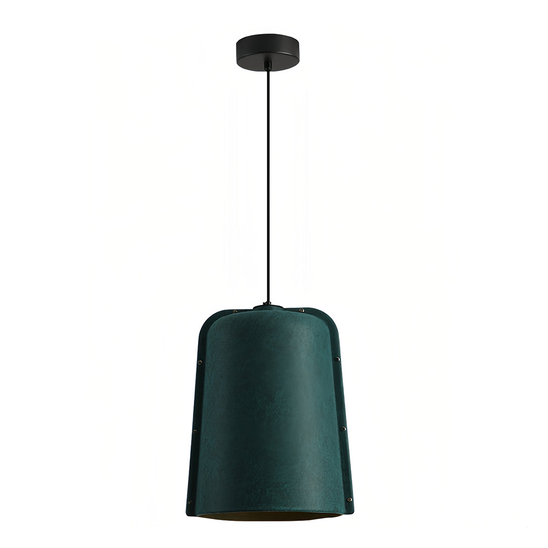 Deep teal green felt adjustable pendant light with a contrasting golden interior, presented on a white background.