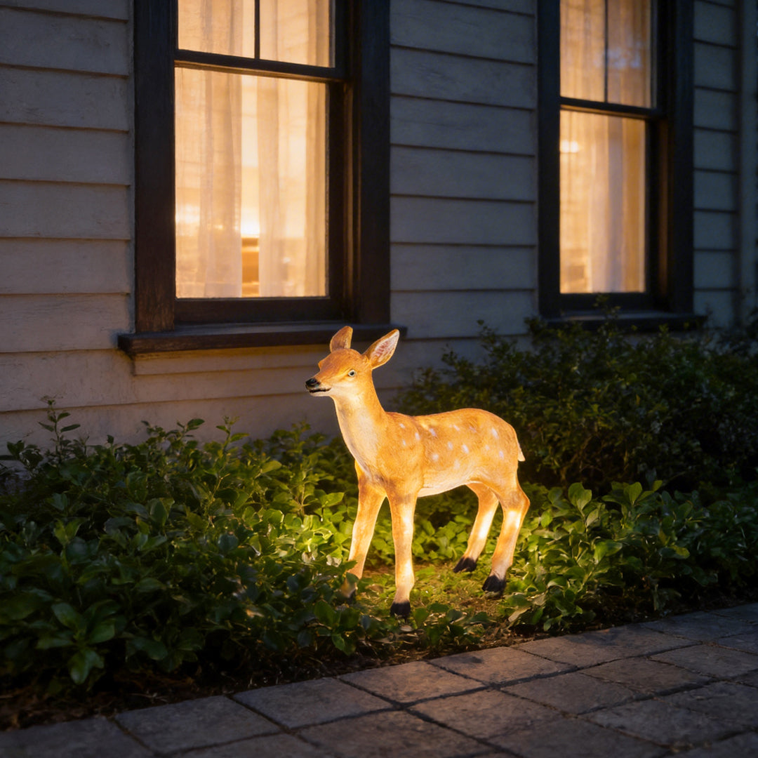 Deer lights enhancing a cozy house entrance with warm deer-shaped glow.