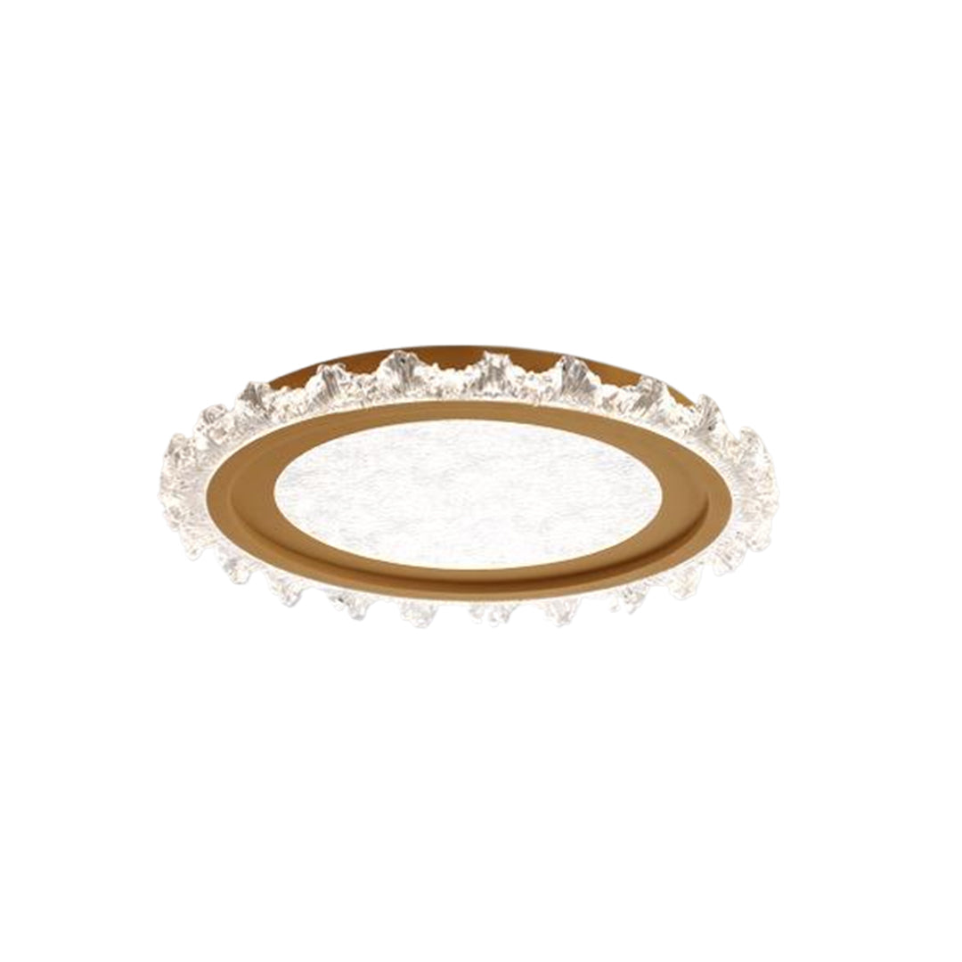 Detailed view of glass shade chandelier rim featuring delicate crystal pattern and translucent design