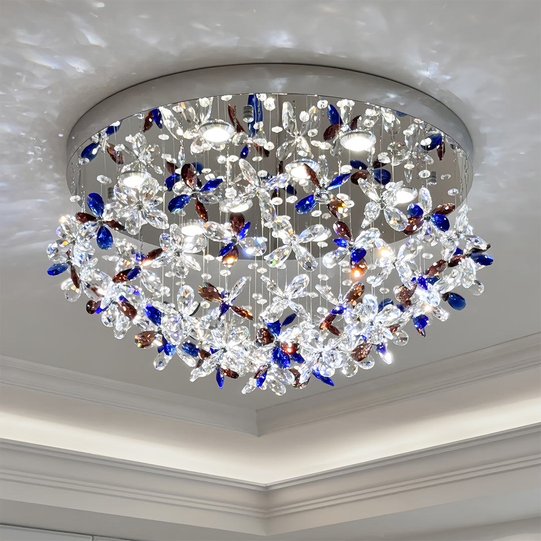 Round crystal flush mount lights with dense blue and clear crystal clusters on chrome base
