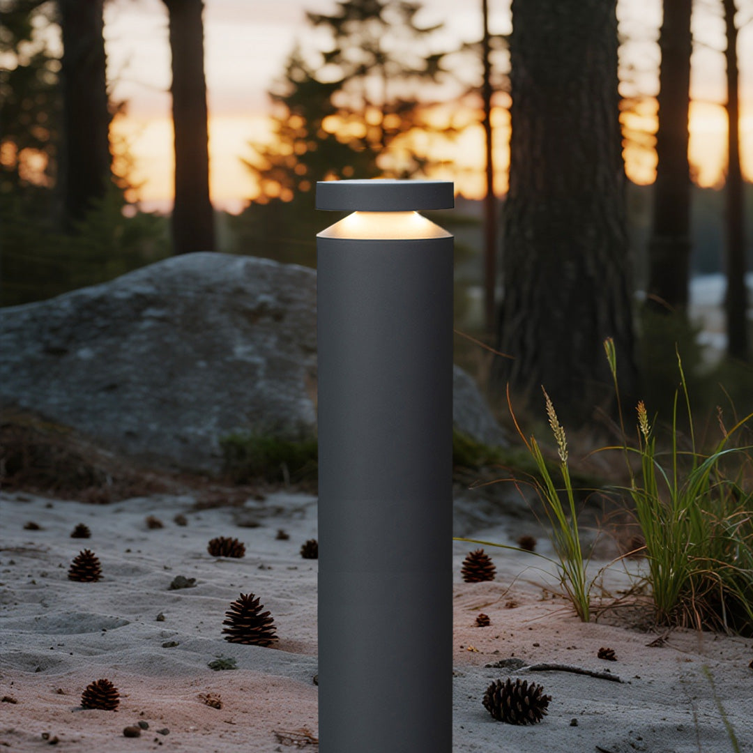 Pathway LED light creating warm ambiance in desert landscape setting with natural stone elements