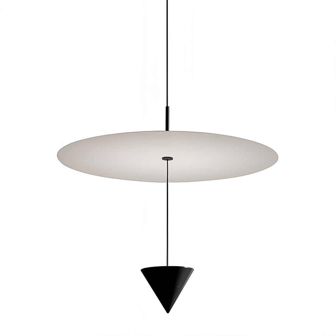 Designer 1 light pendant with circular canopy and dramatic black cone for statement lighting