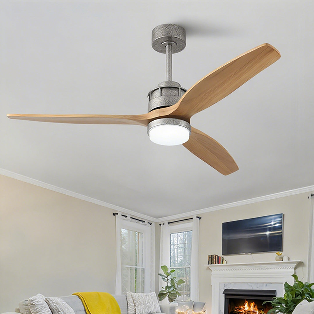 Designer wooden 3-blade ceiling fans with light featuring polished chrome motor and natural wood