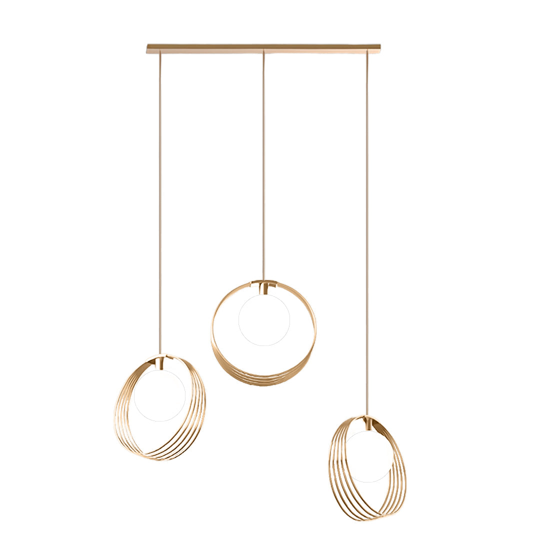 Designer 3 bulb pendant light featuring linear arrangement with circular and dome shade combination
