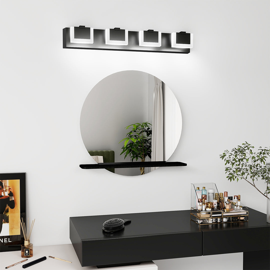 Designer bathroom LED vanity lights with glass shade chandelier aesthetic illuminating modern vanity space with round mirror.