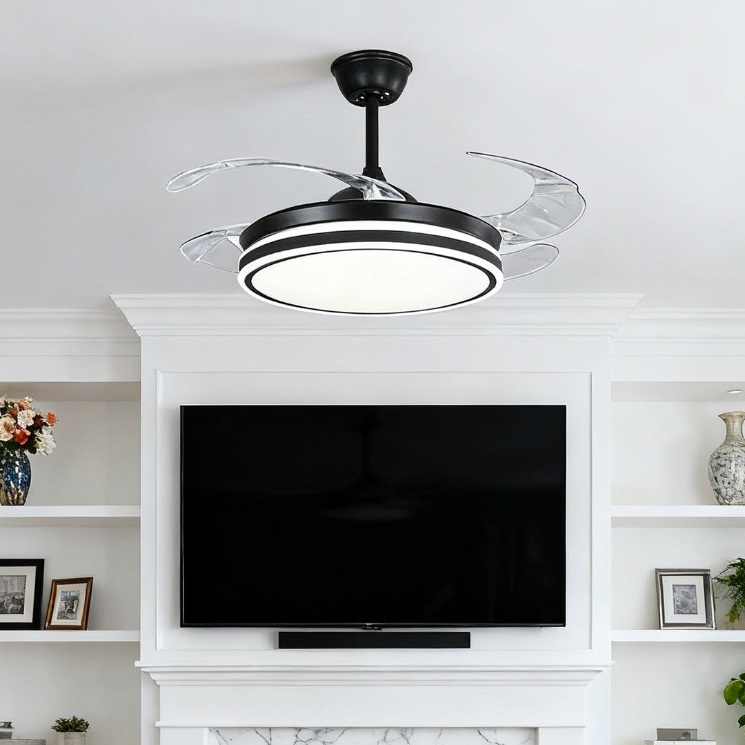 Designer black ceiling fan with lights blending into a bright TV entertainment center 