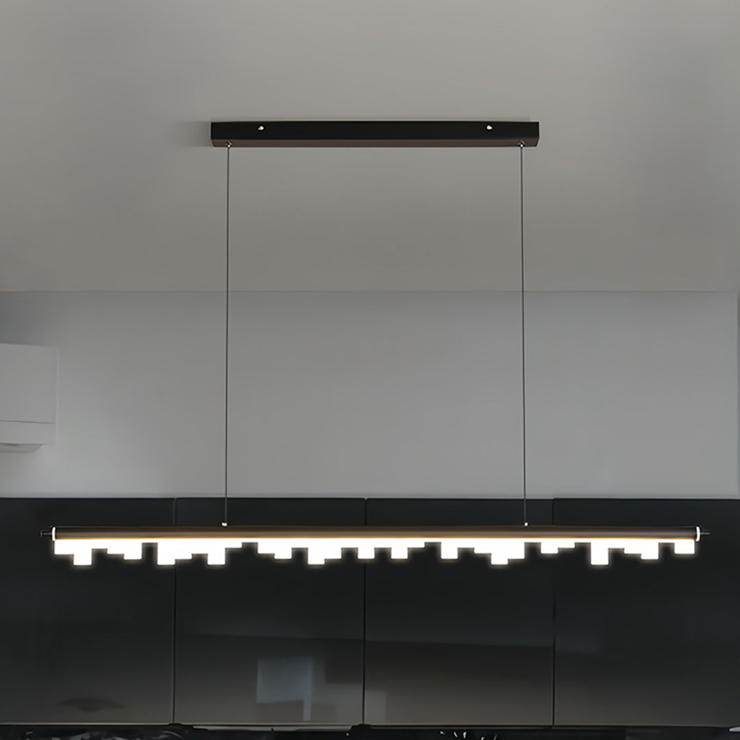 Designer black metal pendant light featuring modular cube elements in contemporary home office