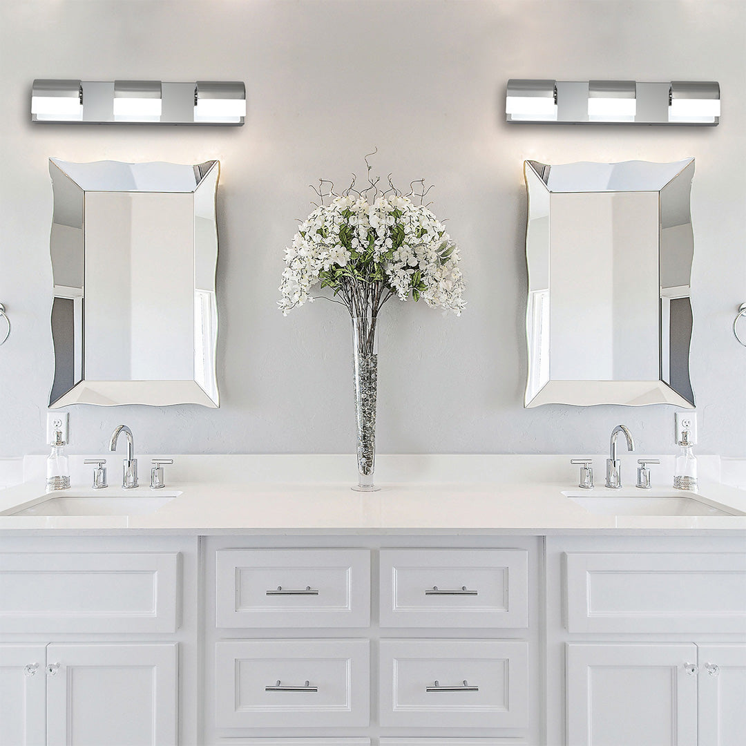 Designer black vanity lighting for bathroom with glass shade chandelier aesthetic illuminating white double vanity space.