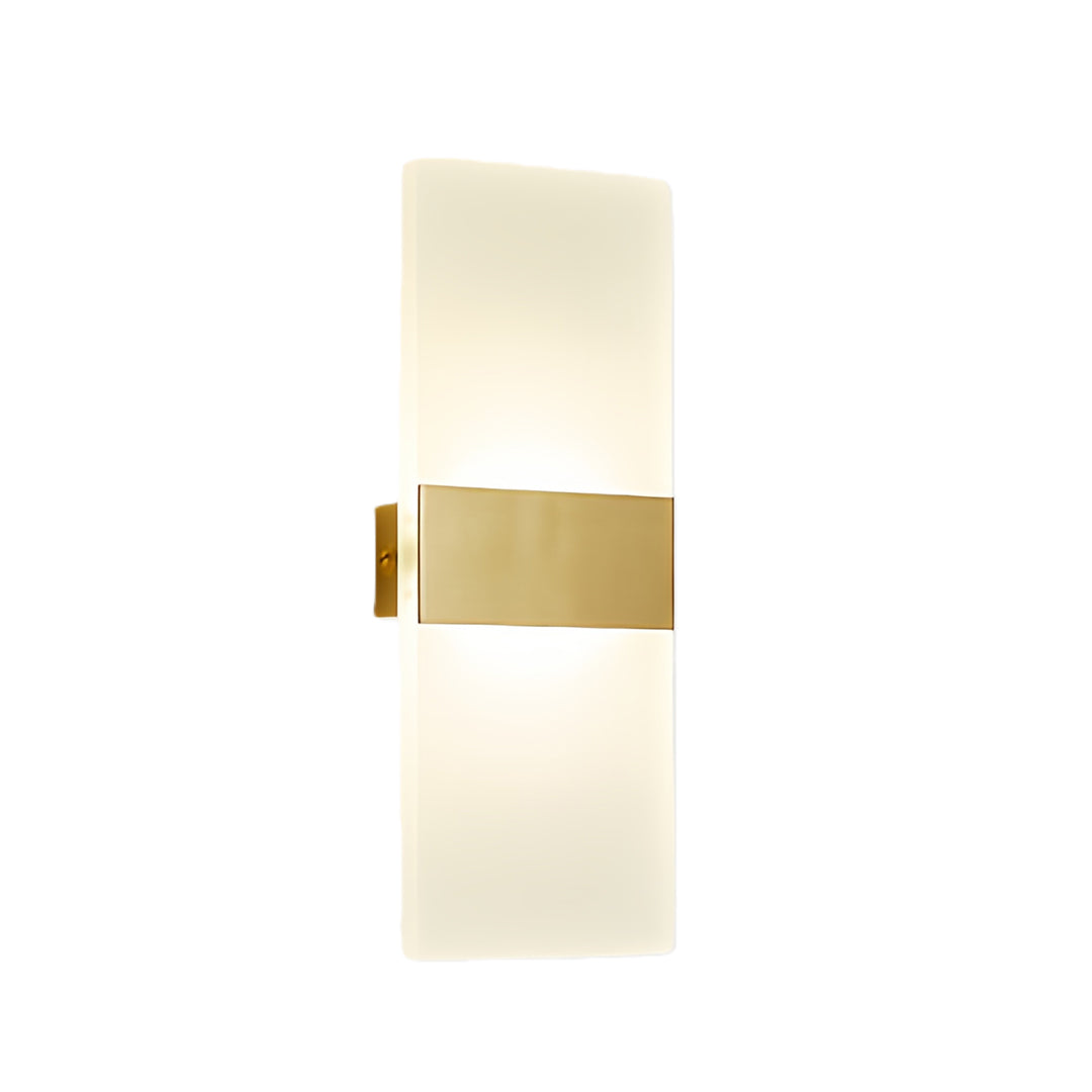 Designer brass wall lights featuring vertical golden accent bar with dual frosted glass rectangular elements