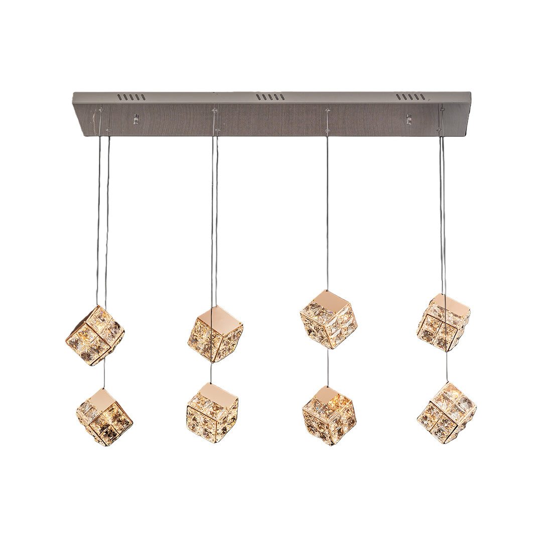 Designer chandelier with crystals featuring glass shade chandelier aesthetic in rectangular canopy with orderly cube crystal pattern.