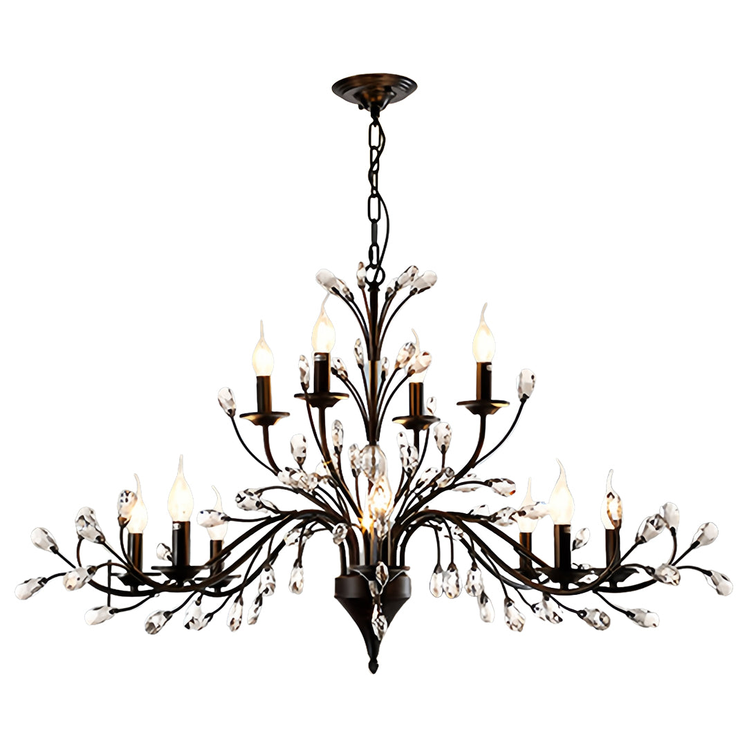 Designer contemporary candle chandelier with flowing black branches and refined crystal accents for upscale interiors