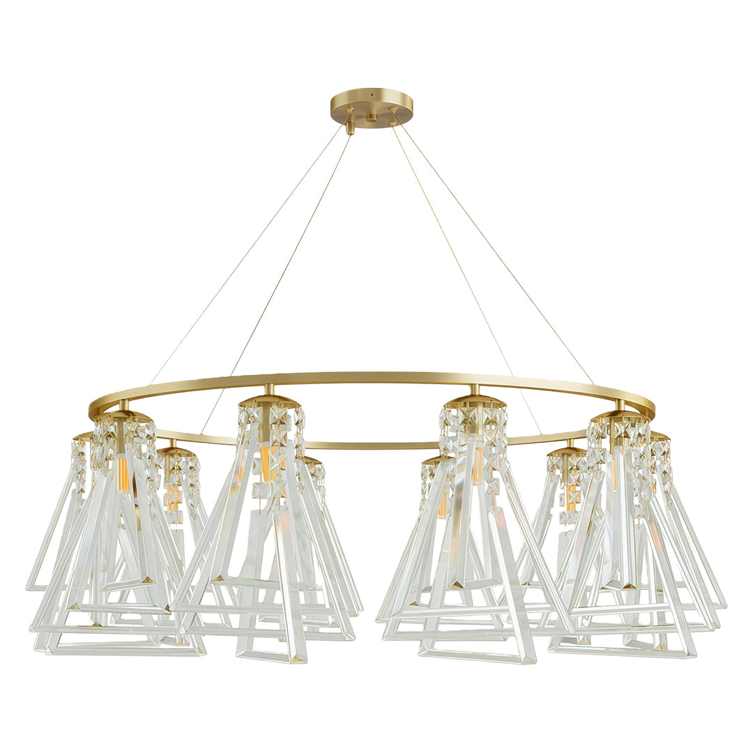 Designer contemporary crystal chandelier with glass shade chandelier aesthetic in brushed gold with tiered crystal shade arrangement.